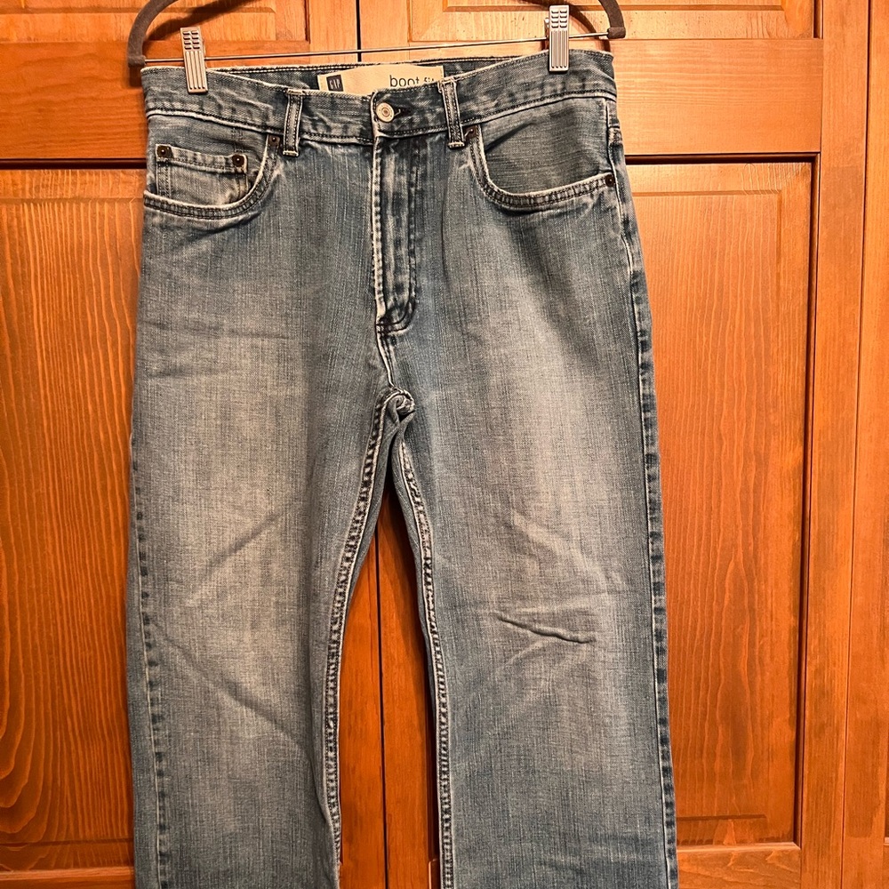 Gap jeans, boot fit with a little stretch and perfectly soft. Subtly distressed.
